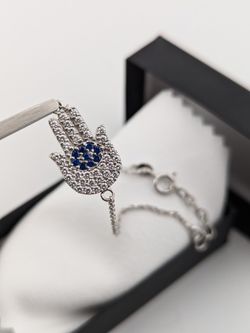 925 Silver Hamsa Bracelet, Melee Diamonds Sapphires(9) CZ Evil Eye Bracelet, Hamsa Charm, Hand Protection Bracelet  Adjustable Size 6"-7"