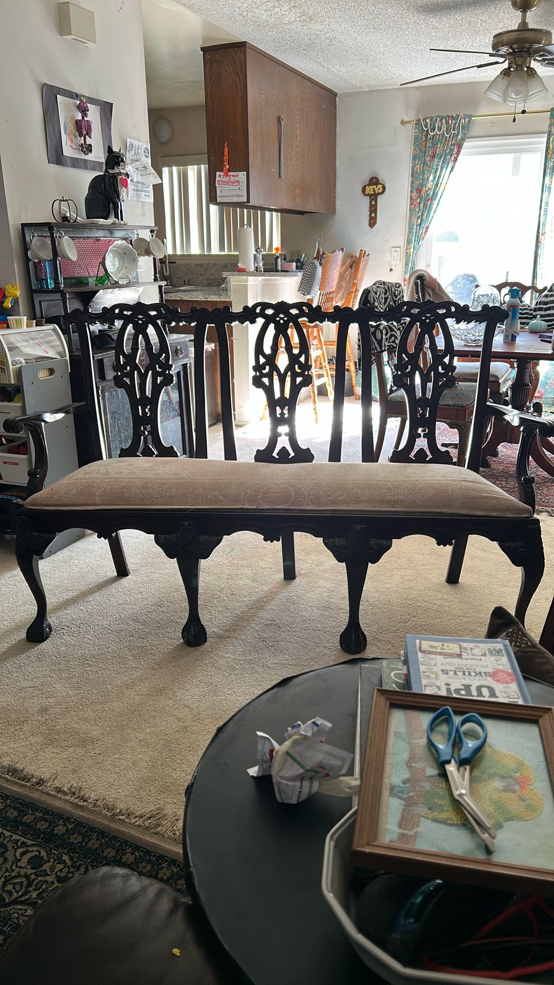 Chippendale 3 Seat Bench , Carved Wood.