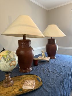 Set of 2 Large Terracotta Table Lamps w/ Shades ā Rustic Modern Decorā