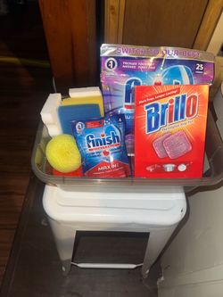 Cleaning Supplies Bundle – Finish x2, Brillo, variety Sponges & 3 baskets