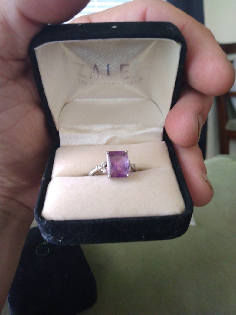 Zales Amethyst Emerald Cut Engagement Ring With Diamond Accent Set In White Gold 