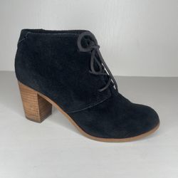 Toms Black Lunata Suede Lace-Up Heeled Stacked Heel Booties Winter Comfort 7.5