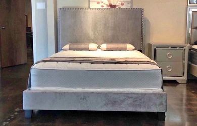 NEW IN BOX- Full Size Glam Grey Velvet Bed Frame with Nailhead Trim