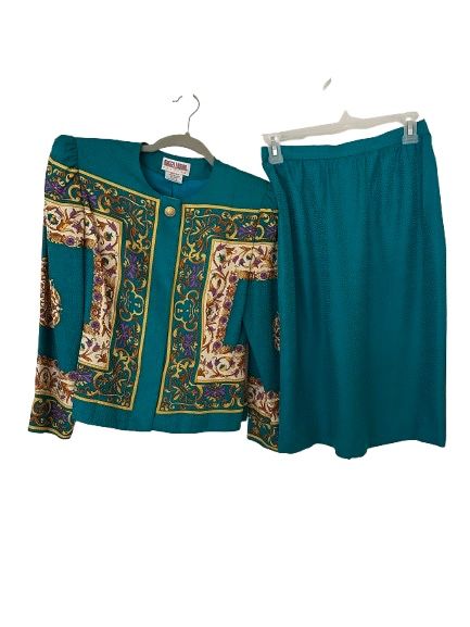 Vtg Maggy London Woman’s 100% Silk Blue Blouse & Skirt Set, Sz 8