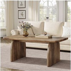 Rectangle Coffee Table, 47-Inch Wood Rectangular Living Room Table, Farmhouse Accent Center Low Cocktail Tea Table with Sturdy Base & Round