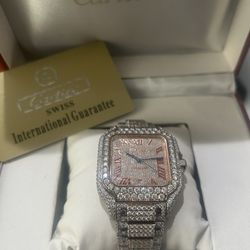 Two Tone Cartier Watch Moissanite Red Roman Numeral Dial