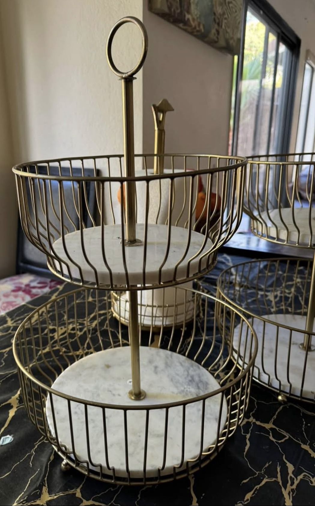 2 Gold Iron Fruit/Veggie Baskets with Marble Base