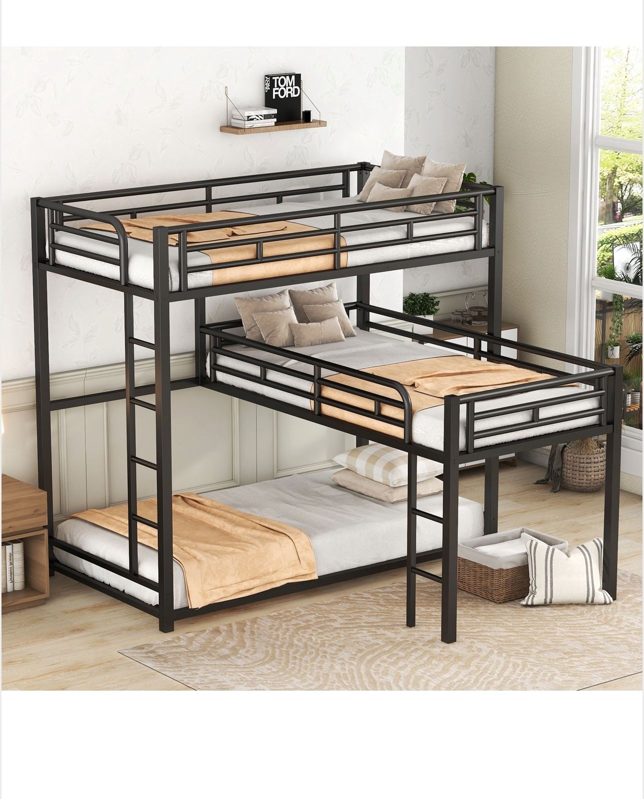Metal Triple Twin Bunk Bed, Black