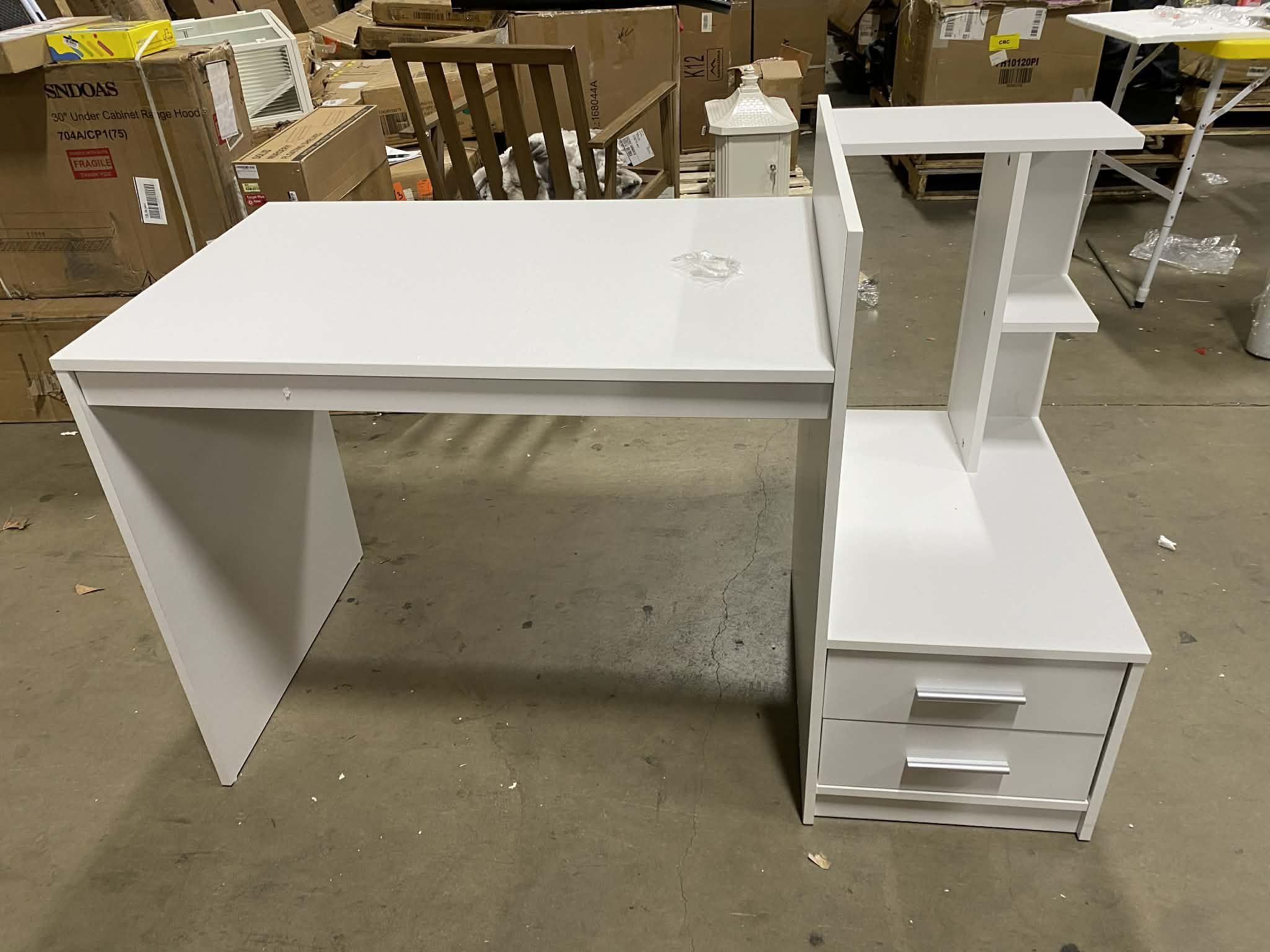 Assembled New White Desk with 2 Storage Drawers & Bookshelf, Home Office Desk with Corner Bookshelf & Printer Stand, Small Writing Study Desk
