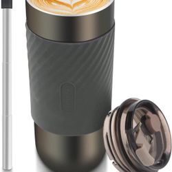 Travel Coffee Mug Spill Proof - 17.5 Oz, Vacuum Insulated Coffee Travel Mug with Lid and Straw, Double Wall, Stainless Steel Reusable Tumbler Cup for 