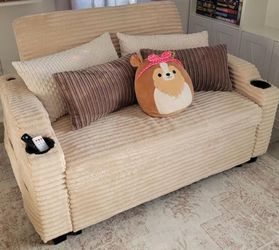 Cream Corduroy Loveseat with Cup Holders