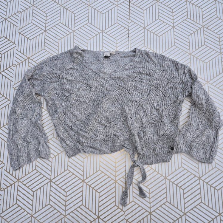 Roxy Cropped Gray Knited Shirt Women Front Tie Wide Sleeve