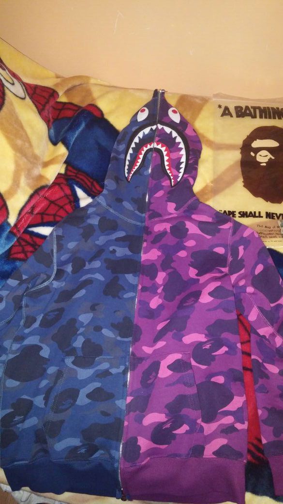 Bape half and half purple and blue camo shark hoodie 100% authentic
