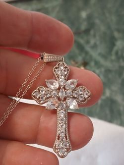 Goshenite Cross Pendant, Rhodium Over Sterling Silver
