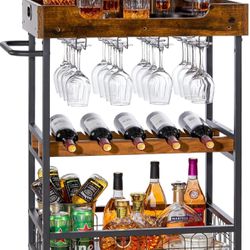 X-cosrack Bar Cart with Wine Rack, Mobile Bar Carts for The Home, Kitchen Serving Cart with Storage and Glass Holder, Removable Wood Tray, Industrial 