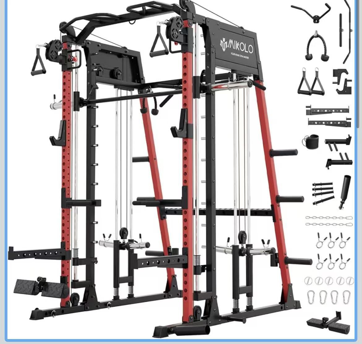 Smith Machine, 2200lbs Squat Rack with LAT-Pull Down System & Cable Crossover Machine, Training Equipment with Leg Hold-Down Attachment(KF43M4US-RTOAL