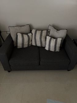 Dark Gray Fabric Loveseat with Throw Pillows