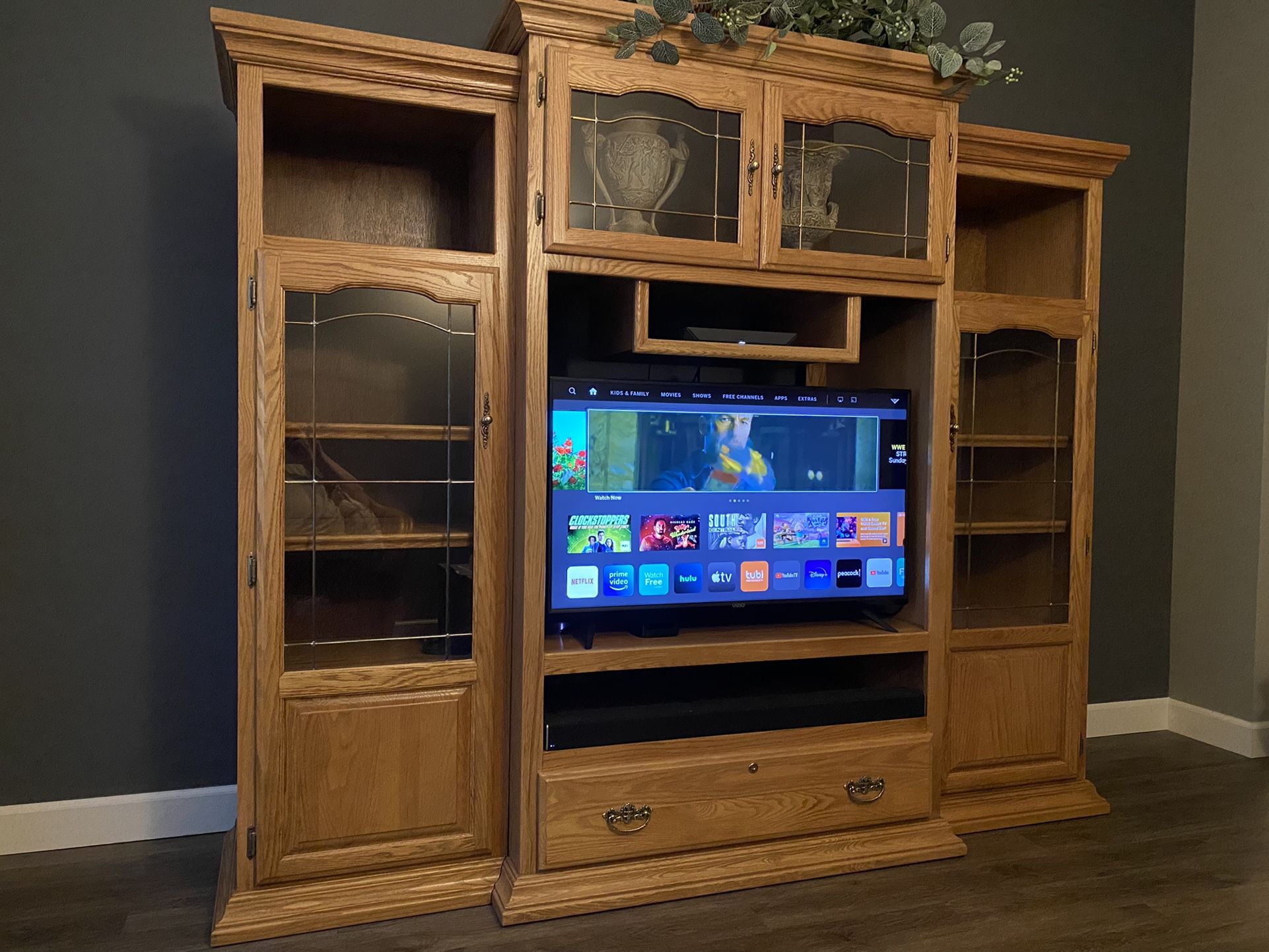 Solid Oak Entertainment Center with 40” Vizio 4K TV and Sound System