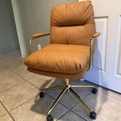 Tan Faux Leather Office Chair with Gold Base – Adjustable + Rolling