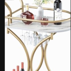 Bar Cart with Wheels Handle Rolling Home Bar Serving Carts 2 Tier Curved Anti-Collision Storage Small Trolley with Wine Rack and Glass Holder for Kitc