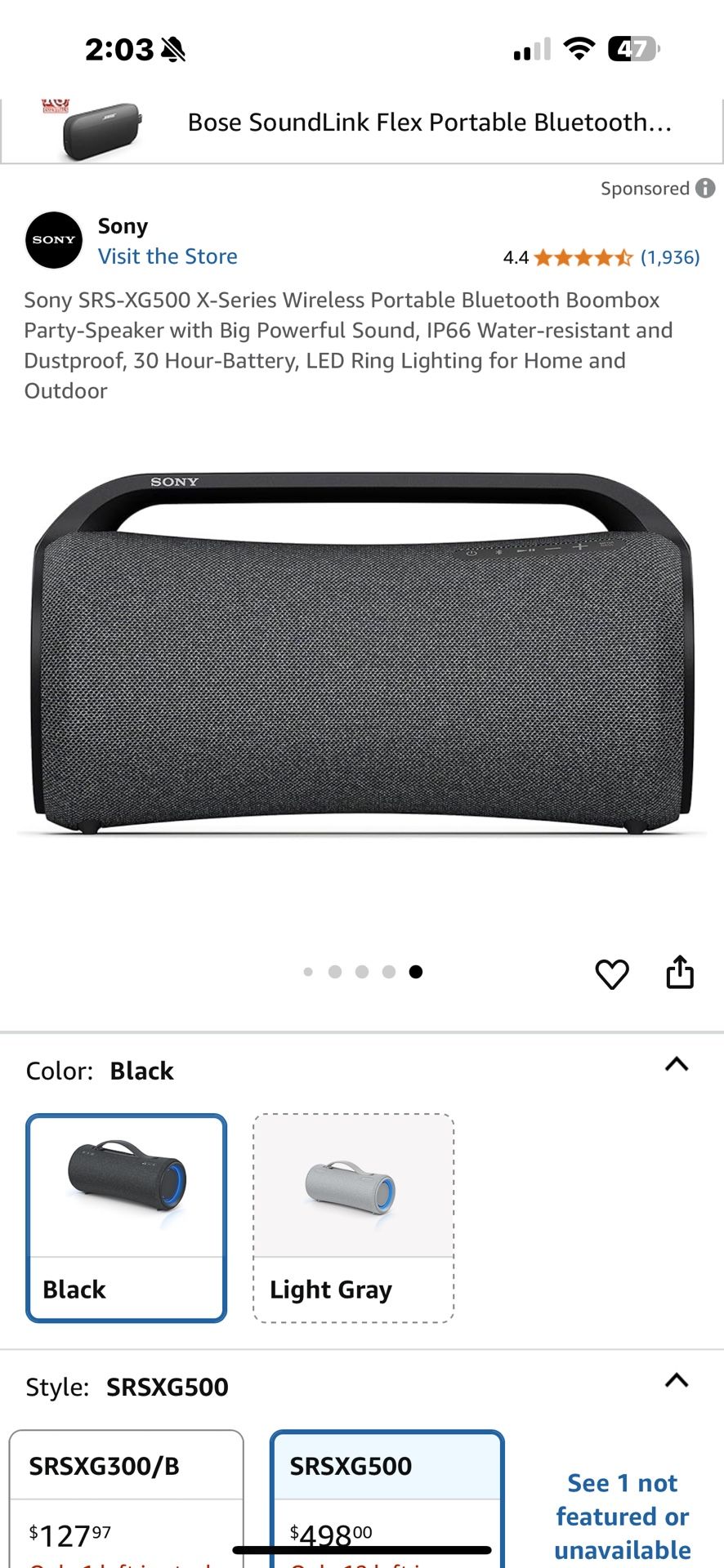 Sony SRS-XG500 X-Series Wireless Portable Bluetooth Speaker