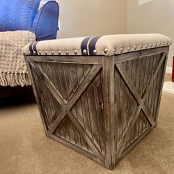 Charcoal striped wood storage ottoman