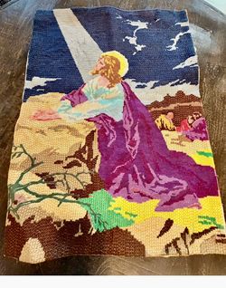 Vintage Jesus in the Garden of Gethsemane Needlepoint Tapestry Wall Hanging