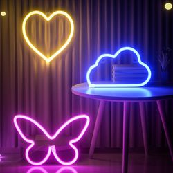 3 Pcs Neon Signs, LED Neon Signs for Wall Decor, Cloud / Butterfly / Heart Shaped Neon Lights Signs with USB or Battery Powered for Living Room, Kids 
