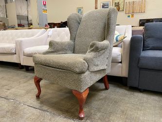 Green Dotted Wingback Armchair with Curled Feet