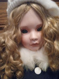 Vintage Porcelain Doll With Purple Dress And White Hat 30 Inches Tall 