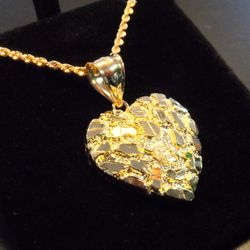 NEW 10K GOLD LADIES LARGE HEART NUGGET PENDANT WITH CHAIN 