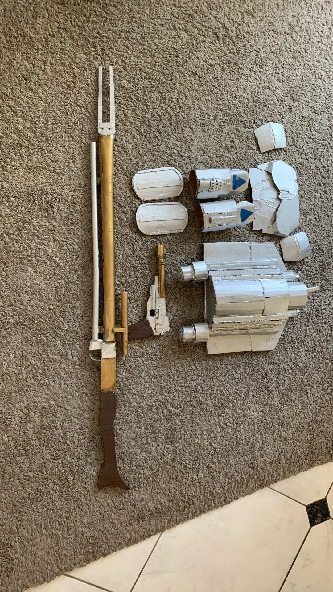 Kids Homemade Disney Mandalorian Cardboard Armor And Weapons.
