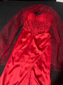Red Satin Lace Bodice Formal Gown with Veil