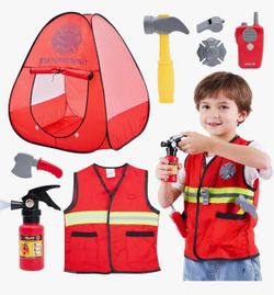 Firefighter Costume for Boys with Tools & Tent, Kids Construction Costume with Tent,