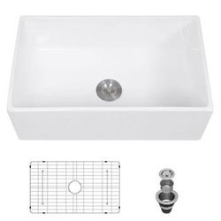 New Lordear 30 Inch White Farmhouse Kitchen Sinks Apron Front Flat Fireclay Porcelain Ceramic Farmer