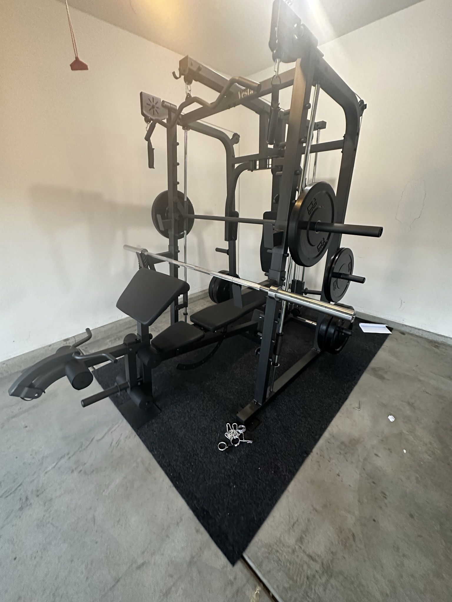 Vesta Fitness Smith Machine 2001 w/Bench Attachment | 230lb Bumpers Weights | 7ft Olympic Bar | Fitness | Gym Equipment | FREE DELIVERY🚚