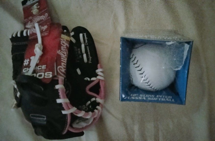 Brand New Girls 10" Leather Glove & Softball