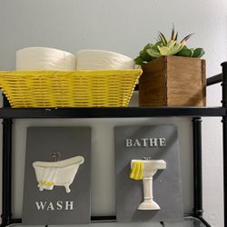 2 Bathroom Signs And A basket