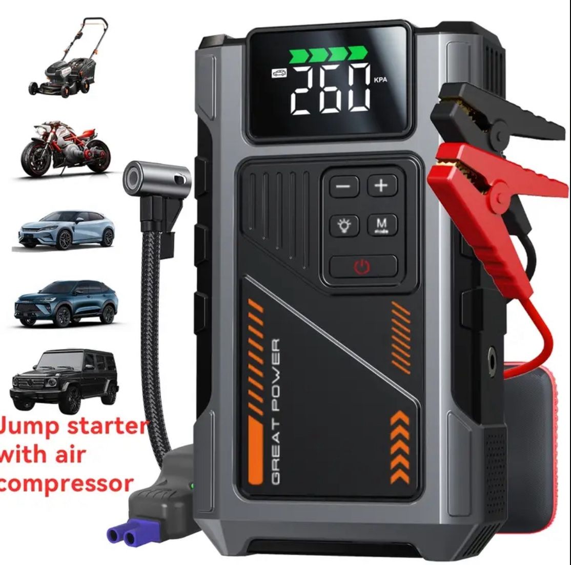 Portable Car Jump Starter with Air Compressor, Jump Starter Battery Pack, 3000A Peak(2.11gal Gas, 1.72gal Diesel) with 150 PSI Tire Inflator, 12V Car