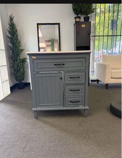 Moving Sale!! New assembled 30 in. Freestanding Blue Gray Bath Vanity with White Ceramic Top, Sink, Flip Drawers (AS is)