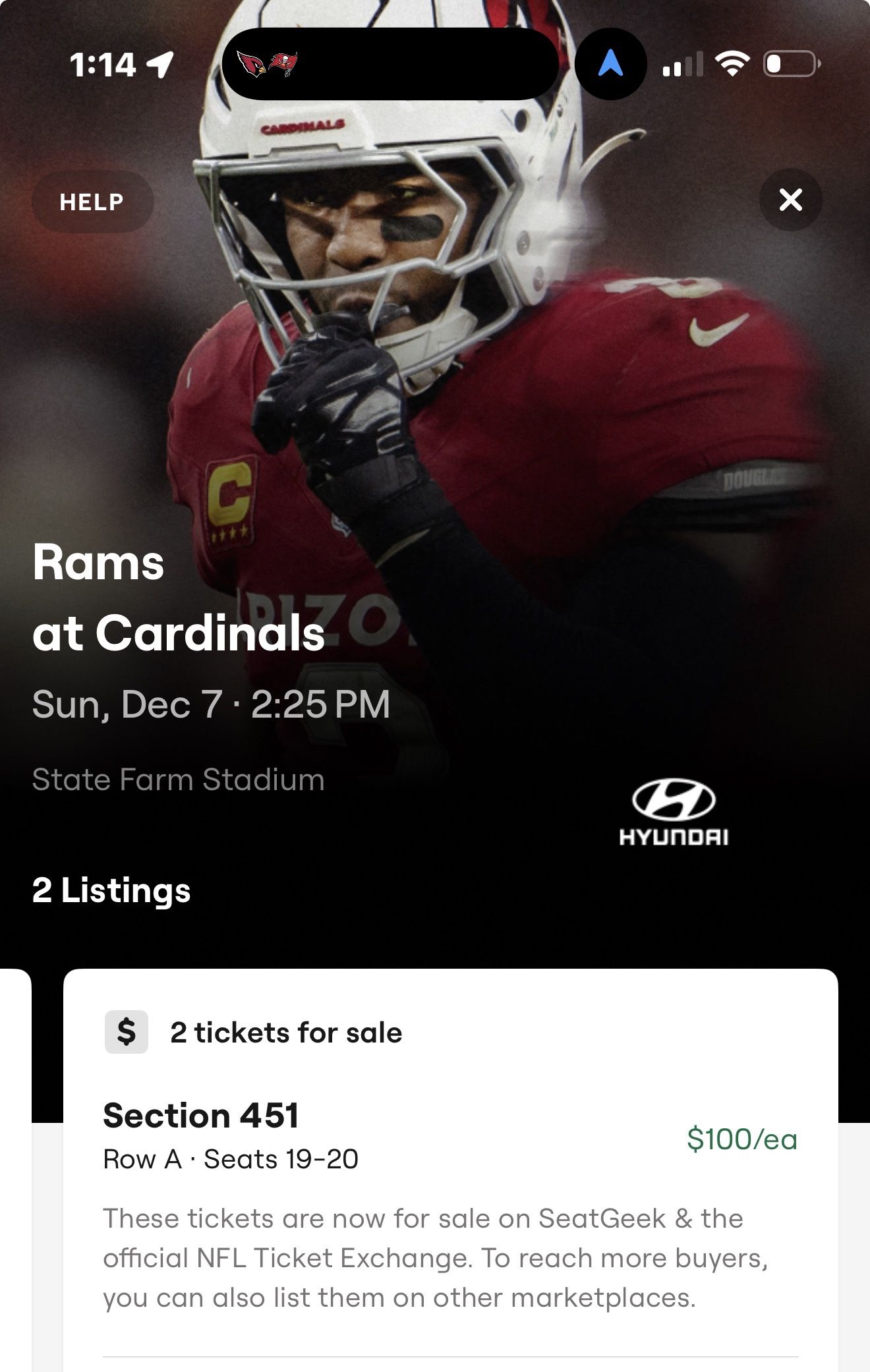 2 Tickets and parking: Cardinals Vs. Rams Tickets 12/7- Front Row, Aisle, Ring Of Honor