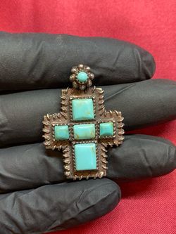 Stunning Vintage 925 Sterling Silver & Turquoise Stone Barse Cross Pendant