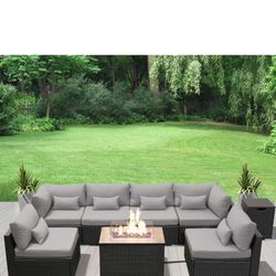 Dineli Outdoor Patio Furniture Set Wicker Rattan Patio Conversation Set with Fire Pit Table Sectional Sofa Set Seating Furniture with Thickened Cushio