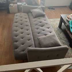 Gray Futon Sofa Bed Velvet Upholstered Couch Convertible Adjustable Back