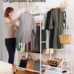 All-In-1 Clothes Racks For Hanging Clothes with Coat Rack, Heavy Duty Clothing Rack with Shelves Load 620Lbs, Portable Garment Racks with Lockable Whe