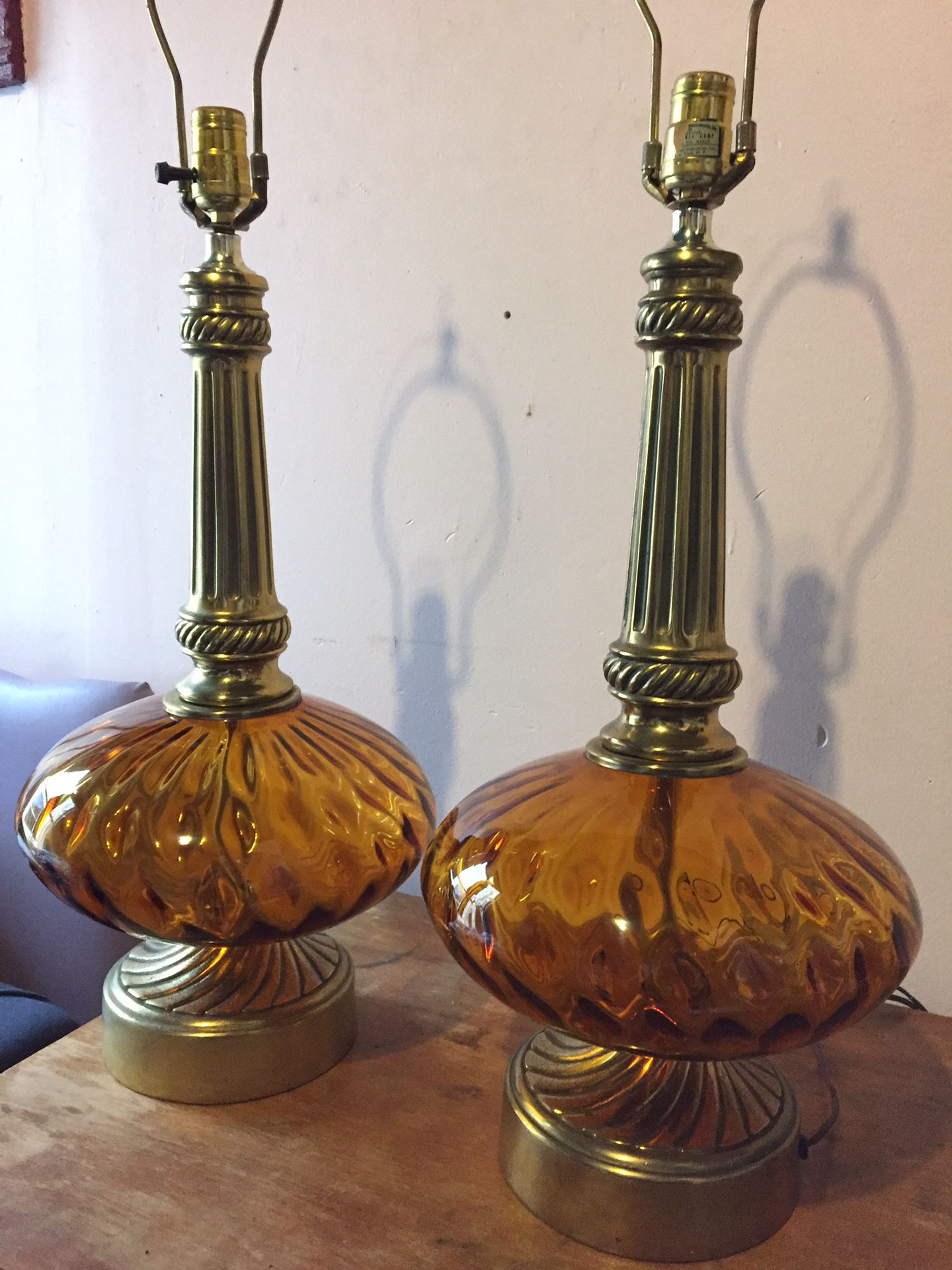 Matching Pair of Mid Century Art Glass Table Lamps. Large Amber Optic Glass and Brass.