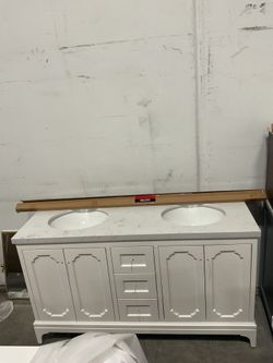 60” White Solid Wood Bathroom Vanity with Engineered Marble Top (V99)