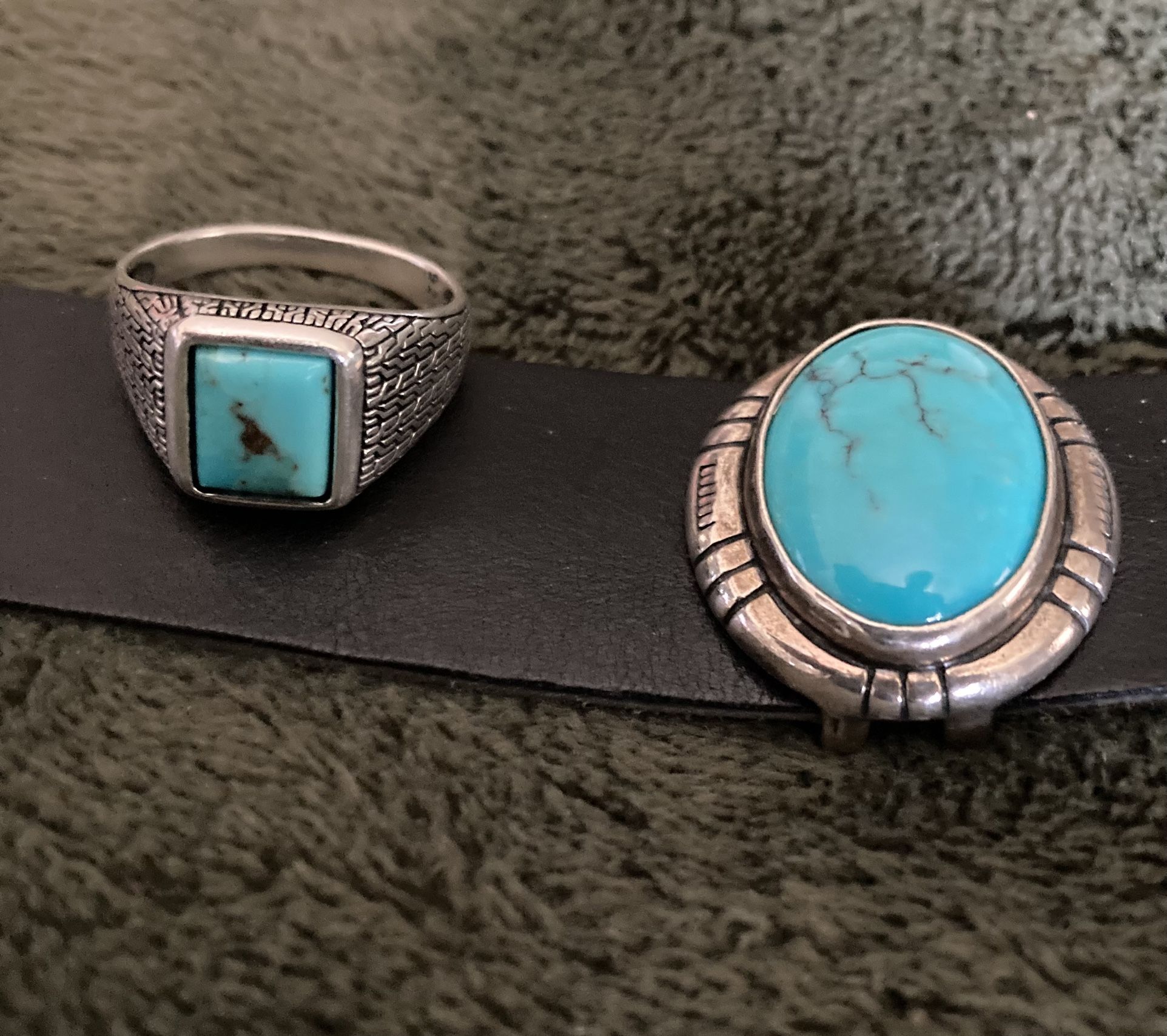 Cool turquoise stone/Sterling silver/leather band plus size 11 turquoise /silver ring