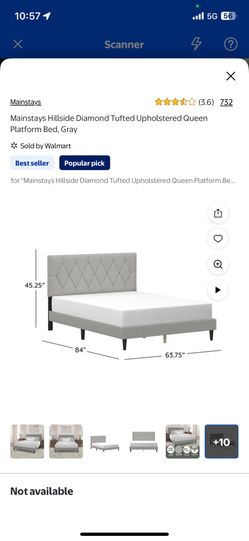 Brand New Mainstays Hillside Diamond Tufted Upholstered Queen Platform Bed (Gray) + Madevos 10” Queen Hybrid Mattress