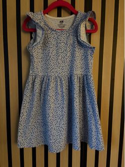 H&M Blue Floral A-Line Knee Length Dress Sleeveless Ruffle Girls US 5/6